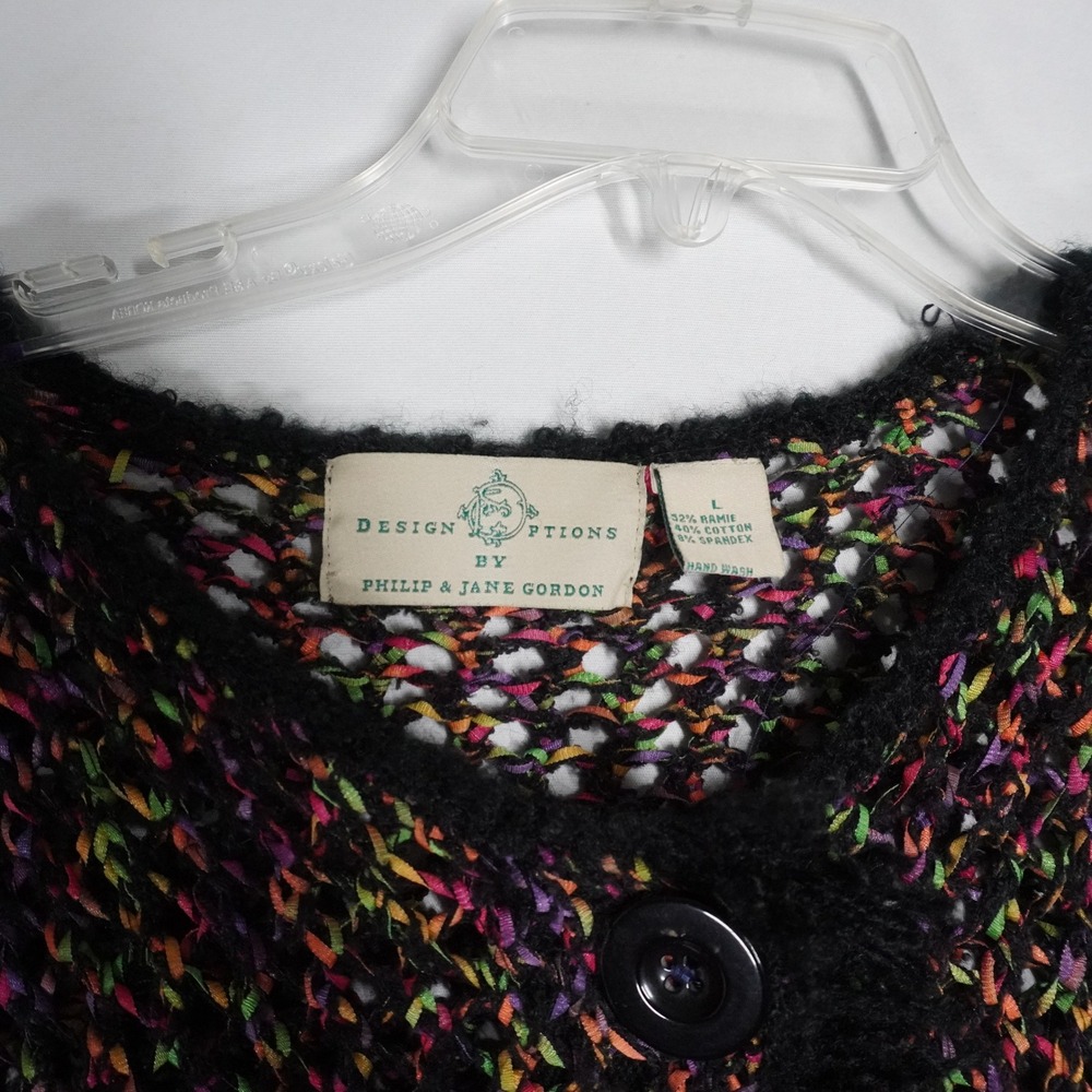 VTG Design Options Philip Jane Gordon MultiColor OpenKnit Fringe Cardigan L Neon - Picture 2 of 12